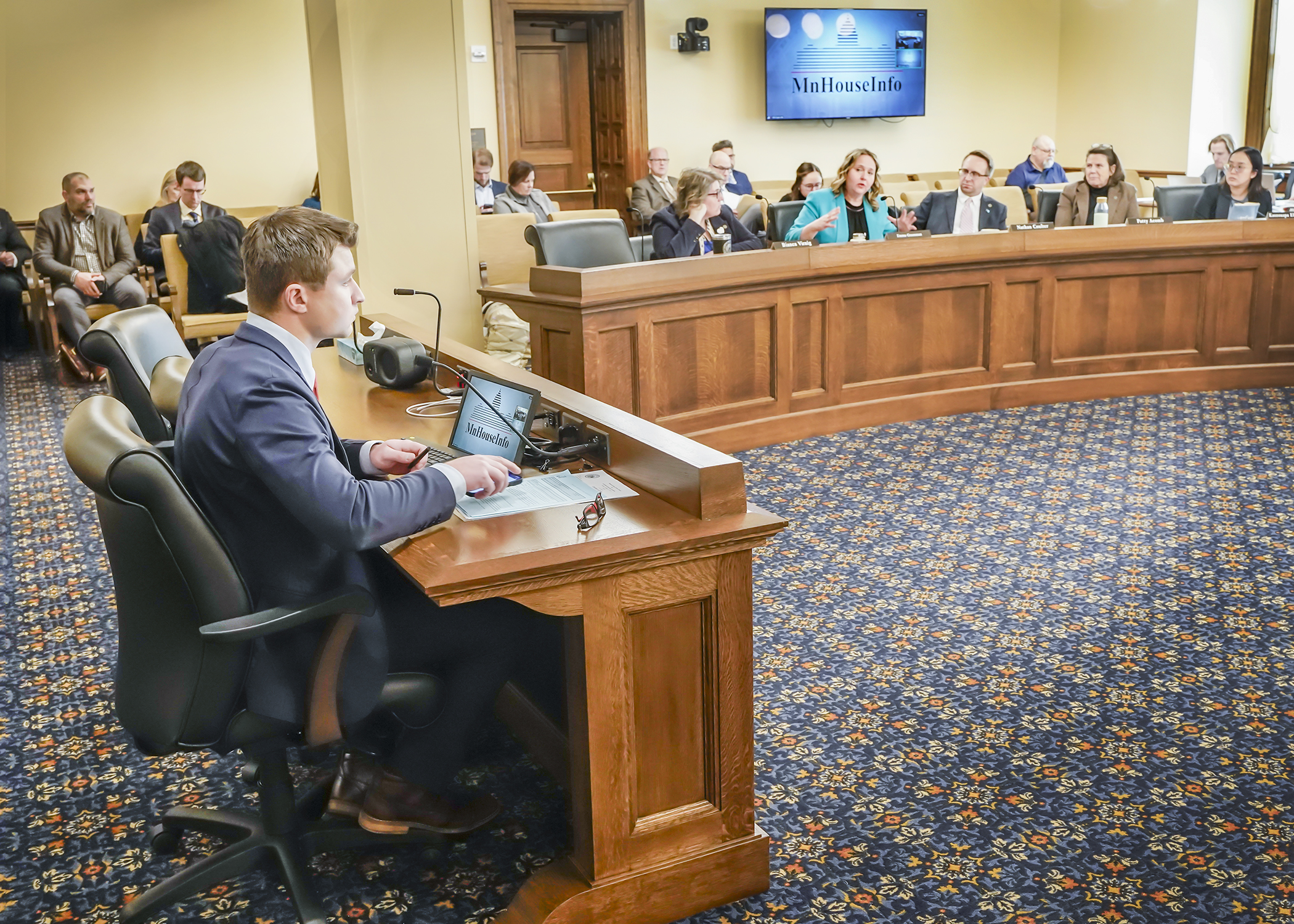 Rep. Elliott Engen listens Feb. 17 as an amendment is offered to HF72, a bill that would prohibit any entity or organization that receives state funding from making campaign expenditures or spending money for political purposes. (Photo by Andrew VonBank)